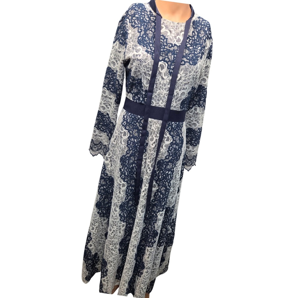 Dainty Jewells Lace Maxi Dress Navy White Floral Long Sleeve Formal Chic Zipper